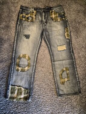 Classic Blue Straight Jeans with Olive Patchwork